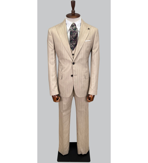 SUIT SARTORIA ÇİZGİLİ BEJ YELEKLİ TAKIM ELBİSE 2895