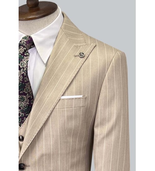 SUIT SARTORIA ÇİZGİLİ BEJ YELEKLİ TAKIM ELBİSE 2895