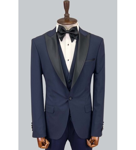 SUIT SARTORIA REMOVABLE LAPEL WOOL NAVY BLUE SUIT 5626